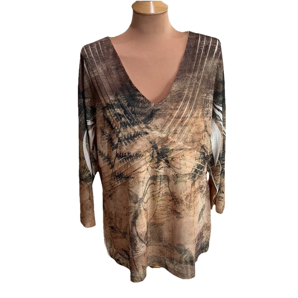 Coldwater Creek Women's Surplice Top‎ Size XL Fern Print V Neck Boho Nature Y2K